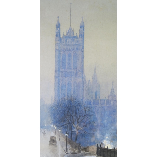 1412 - Watercolour of Westminster, unsigned, 30 x 22cm, F & G and a modern Chinese silk embroidery 64 x 33c... 