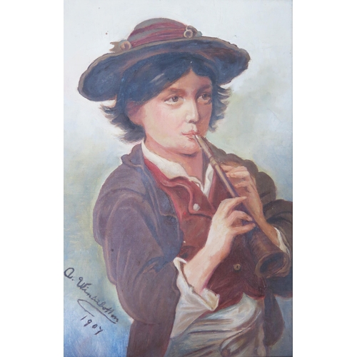 1416 - A Winterbottom, a pair of early twentieth century half length portraits one of a boy playing a horn ... 