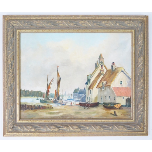 1420 - G Mills, Twentieth century artist, estuary scene with thatched cottages, oil on board, signed and da... 