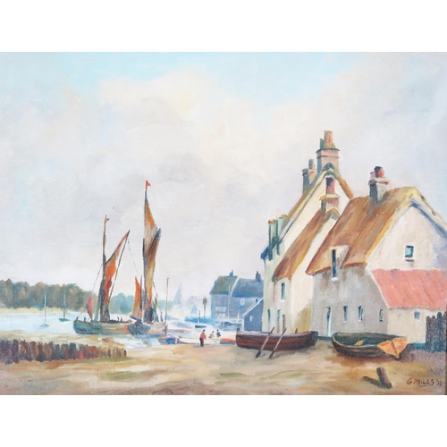 1420 - G Mills, Twentieth century artist, estuary scene with thatched cottages, oil on board, signed and da... 