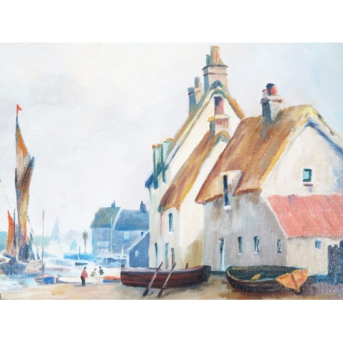 1420 - G Mills, Twentieth century artist, estuary scene with thatched cottages, oil on board, signed and da... 