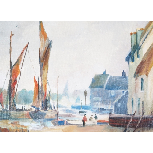 1420 - G Mills, Twentieth century artist, estuary scene with thatched cottages, oil on board, signed and da... 