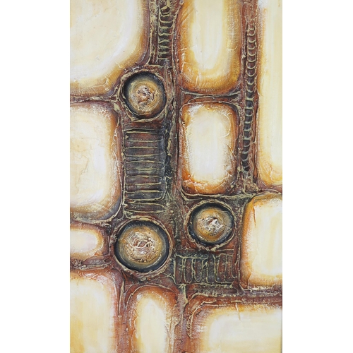 1424 - Nance, C20th Modernist mixed media  abstract relief painting on board, signed, 76 x 45cm, framed