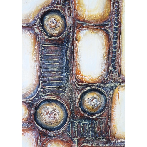 1424 - Nance, C20th Modernist mixed media  abstract relief painting on board, signed, 76 x 45cm, framed