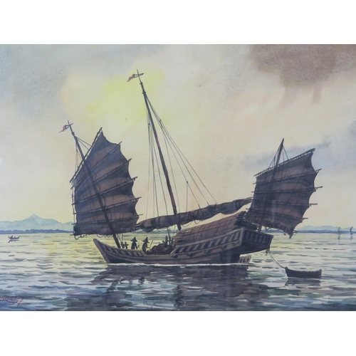 1703 - A R Ibrahim Chinese junk, water colour, signed, undated , 28 x 39cm, a Japanese street scene oil on ... 