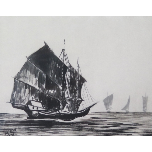 1703 - A R Ibrahim Chinese junk, water colour, signed, undated , 28 x 39cm, a Japanese street scene oil on ... 