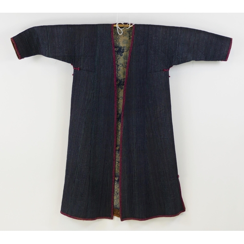 1564 - A Chinese outer robe, with quilted purple and red stripes, and floral patterned lining.