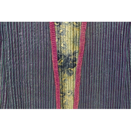 1564 - A Chinese outer robe, with quilted purple and red stripes, and floral patterned lining.