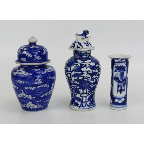 1595B - Three assorted blue and white Chinese vases, various designs 9cm, 12cm and 13cm high, A/F.