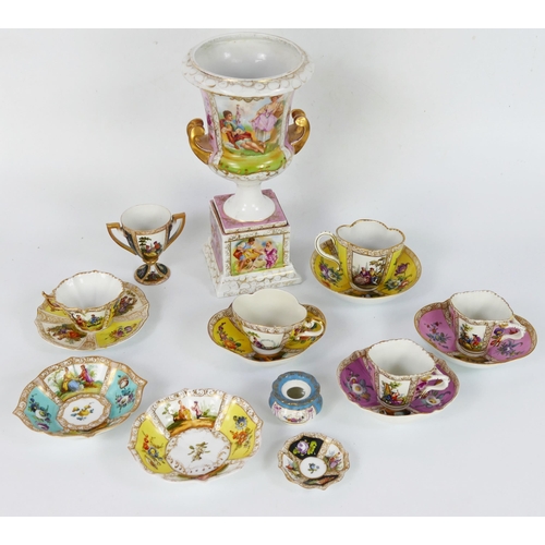 1708A - A collection of German porcelain wares, including cabinet cups and saucers, vase, ink pot and dish