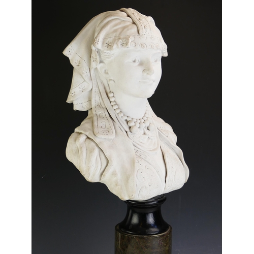 1714 - An Italian school bust of a gypsy girl, indistinctly impressed marks to the reverse, mounted on a po... 