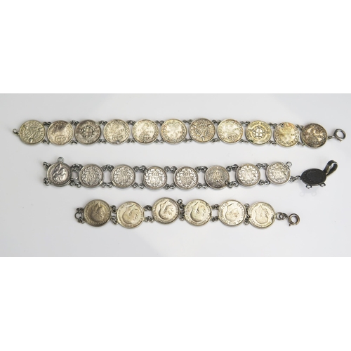 278 - Three Silver Thruppenny Bit Coin Bracelets, 45.67g