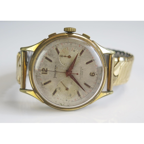 87 - A Helvetia Gent's Chronograph Wristwatch, 38.1mm gold plated case. Winds, runs and buttons functioni... 