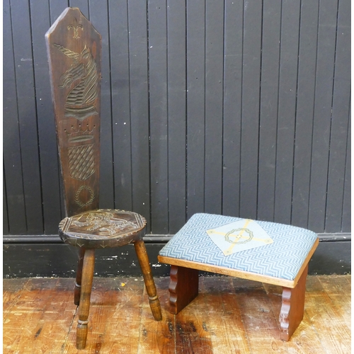 1721 - A carved oak spinning chair, with shaped solid back and seat, on tripod legs, and a prayer kneeler.(... 