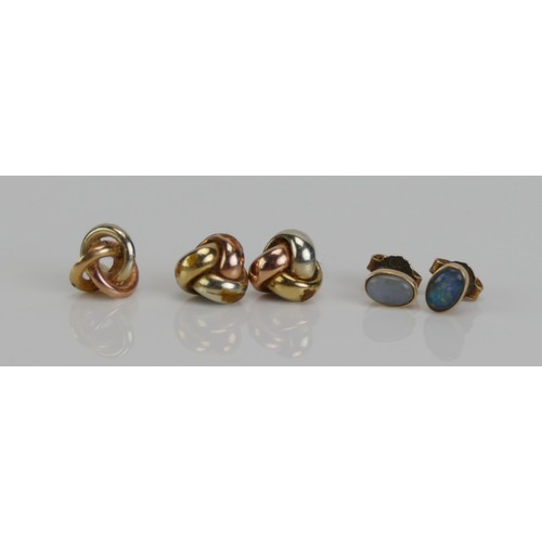 141 - A Pair of 9ct Tricolour Gold Studs (1.74g), one other (marked 375, .28g) and two other suds (butterf... 