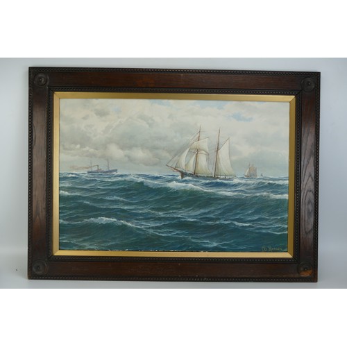 1425 - Ole Hansen twin masted schooner in a choppy sea with ships to the background.  Oil on board, signed,... 