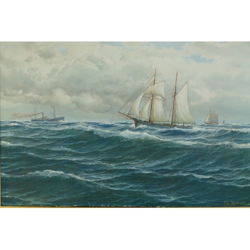 1425 - Ole Hansen twin masted schooner in a choppy sea with ships to the background.  Oil on board, signed,... 