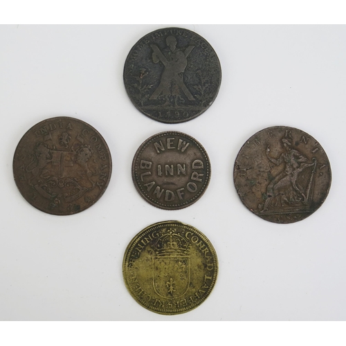 279 - A New Inn Bladford W. Sloper 3d Token, Louis XIV Rechenpfennig token and three others