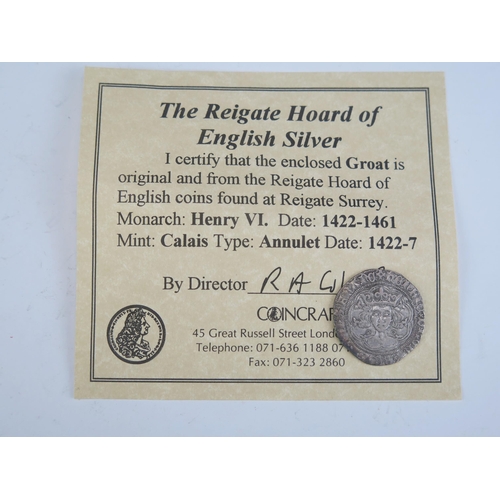 51 - A Reigate Hoard Henry VI Groat, Calais mint, annulet type 1422-7 with COA