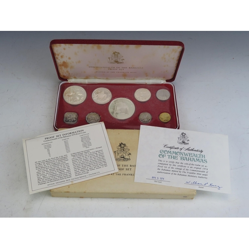 56 - A 1974 Bahamas $5 to one cent nine coin proof set minted at the Franklin Mint including sterling and... 