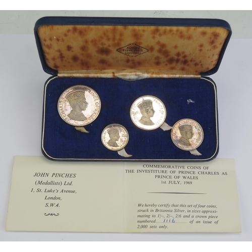 57 - A 1969 Investiture of Prince Charles as Prince of Wales Five Coin Britannia silver set of coins, box... 