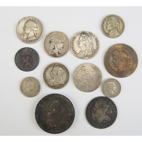 61 - A George III 1820 Shilling, George III 1787 shilling and other silver and copper coins