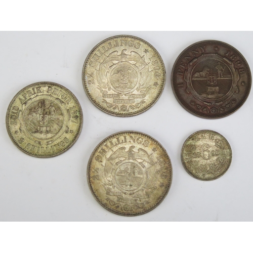 64 - Two South Africa 1896 2 1/2 Shilling Coins, 1897 two shilling, 1896 sixpence and an 1898 penny