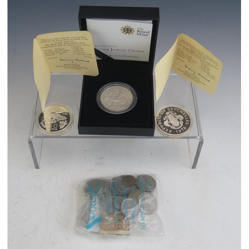 89 - A Royal Mint Cased George V Silver Jubilee Crown 1935 with COA, two Royal Mint Seychelles 1978 silve... 