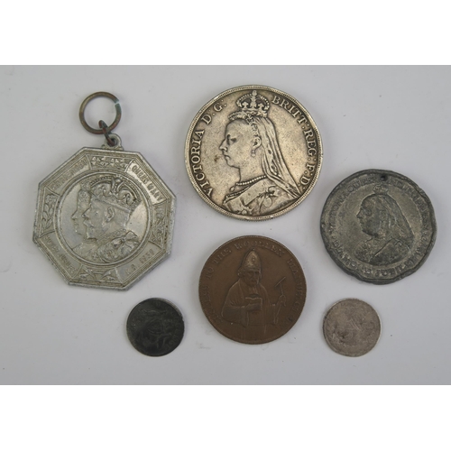 91 - A Victorian 1887 Silver Crown, 1792 Exeter Half Penny token, two 3d coins and royal commemorative me... 