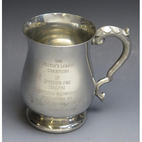 32 - A pewter presentation mug, inscribed “The Pontins League Champions of Division One 1991/92. Sheffiel... 