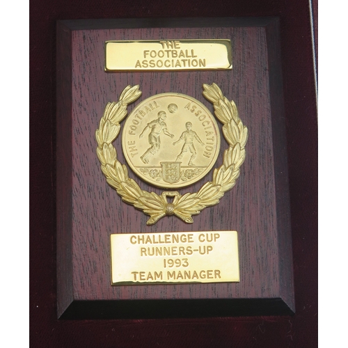 34 - The Football Association Challenge Cup, 1992-93 gilt metal medallion mounted on a polished base, ins... 