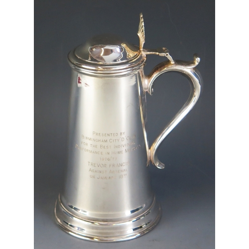 8 - An E.P.N.S. presentation lidded tankard, inscribed “Presented by Birmingham City ‘D’ Club for The Be... 