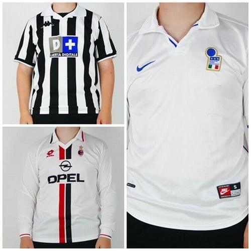 87 - An Italy 1998 season away shirt, a Juventus 1998-99 home shirt and an A C Milan 1995-96 away shirt. ... 