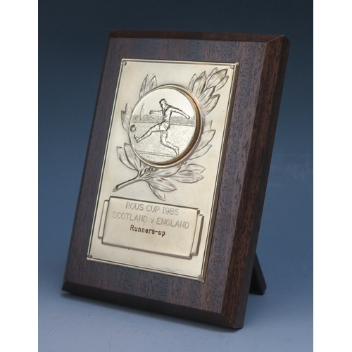 91 - ROUS CUP 1985 (Scotland V England) Gilt metal ‘Runners-up’ plaque mounted on a rectangular polished ... 