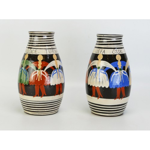 76 - *WITHDRAWN* A pair of Czechoslovakian pottery vases commemorating the 1971 UEFA tournament for Kosic... 