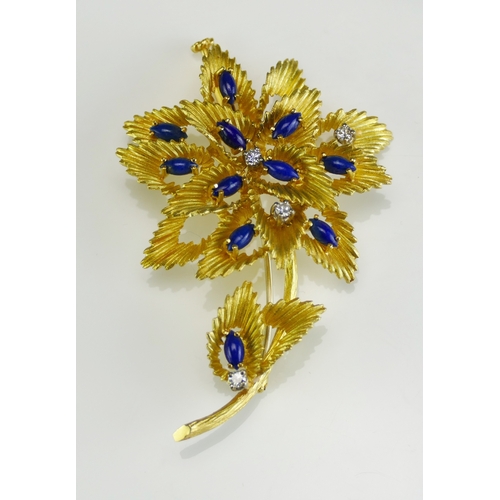 14 - An 18ct Gold, Diamond and Lapis Lazuli Floral Brooch, c. 2.5mm brilliant round cuts, c. 64mm  high, ... 