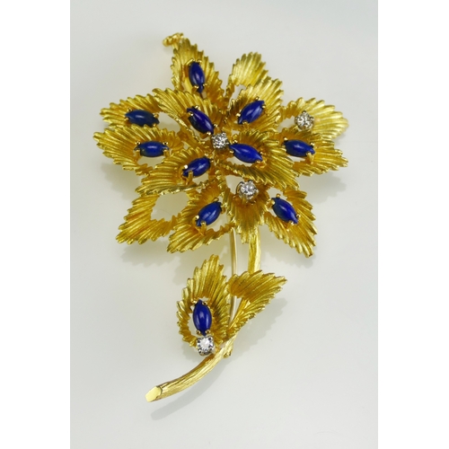 14 - An 18ct Gold, Diamond and Lapis Lazuli Floral Brooch, c. 2.5mm brilliant round cuts, c. 64mm  high, ... 