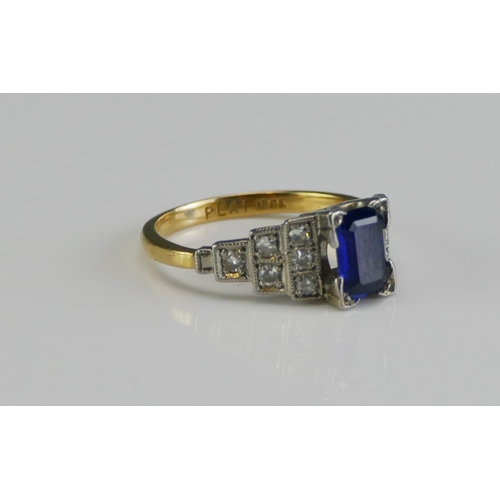 150 - An Art Deco Style 18ct Gold, Diamond and Gem Set Ring, the central 6.86x4.83mm central stone shoulde... 