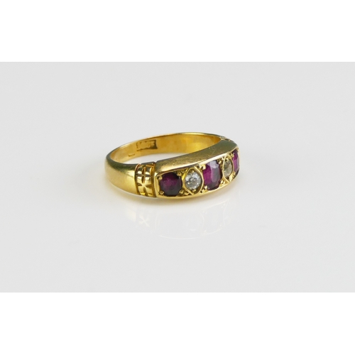 154 - An Antique 18ct Gold, Ruby and Diamond Five Stone Ring, c. 4.3x3.4mm principal stone with 2.4mm old ... 