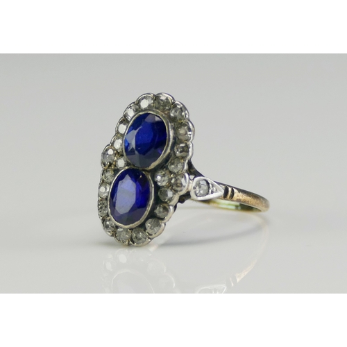 159 - An Antique Sapphire and Old Cut Diamond Ring in a precious yellow and white metal setting, c. 6x4.6m... 