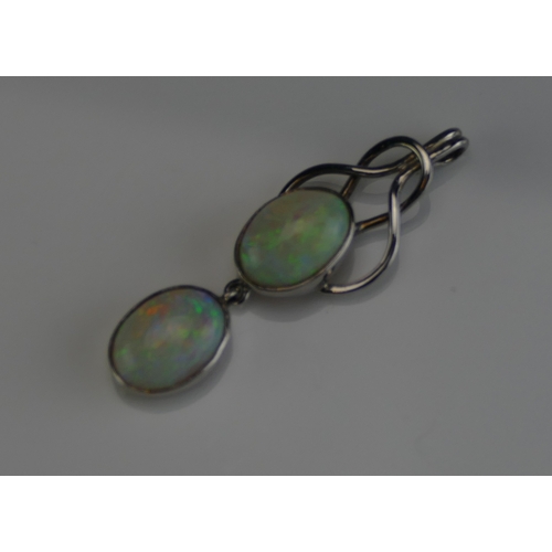 160 - A 9ct White Gold and Opal Pendant, 43.7mm drop, stamped 9CT, 4g