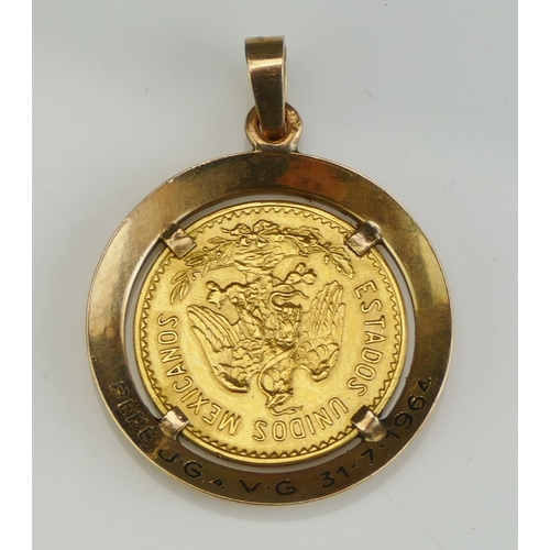 169 - A Mexico 1955 5 Pesos Gold Coin in a gold pendant mount, marked A* to suspension loop, 7g