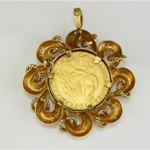 170 - A France 1913 20 Franc Gold Coin in an 18ct gold pendant mount, stamped 750, 13.36g