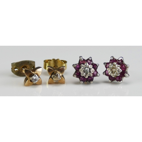 18 - A Pair of 9ct Gold, Ruby and Diamond Stud Earrings (hallmarked, .97g) and a pair of diamond stud ear... 