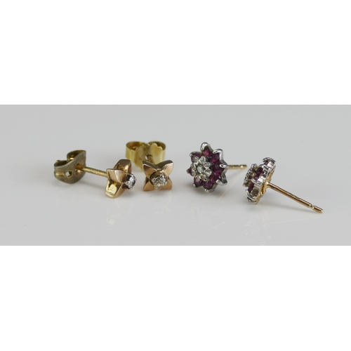 18 - A Pair of 9ct Gold, Ruby and Diamond Stud Earrings (hallmarked, .97g) and a pair of diamond stud ear... 