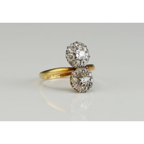 199 - An Antique 18ct Gold and Diamond Double Cluster Ring, c. 3.7x3.4mm principal old cut, size N, stampe... 