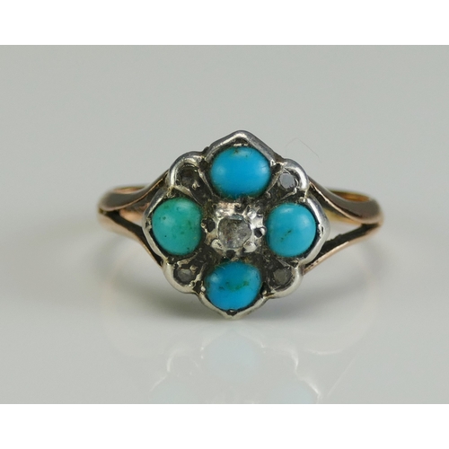 21 - An Antique 9ct Gold, Turquoise and Diamond Ring with a central rose cut stone, size L, stamped 9CT W... 