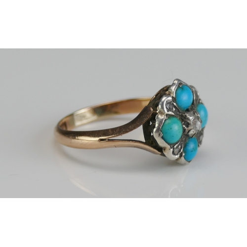 21 - An Antique 9ct Gold, Turquoise and Diamond Ring with a central rose cut stone, size L, stamped 9CT W... 