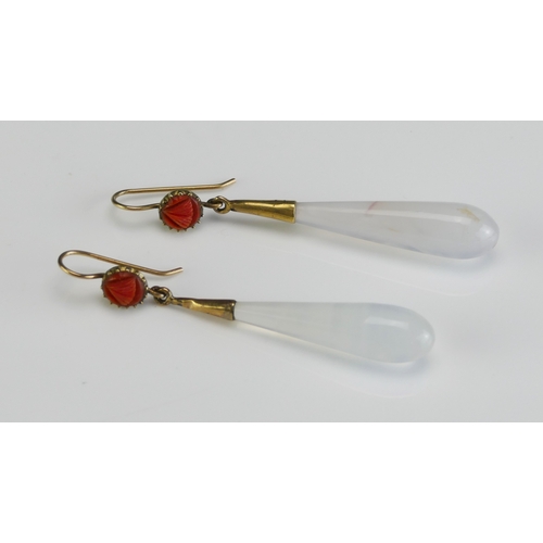 29 - A Pair of Victorian Moonstone and Coral Pendant Earrings in a precious yellow metal setting, c. 62.4... 