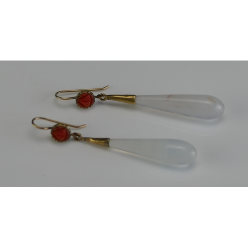 29 - A Pair of Victorian Moonstone and Coral Pendant Earrings in a precious yellow metal setting, c. 62.4... 